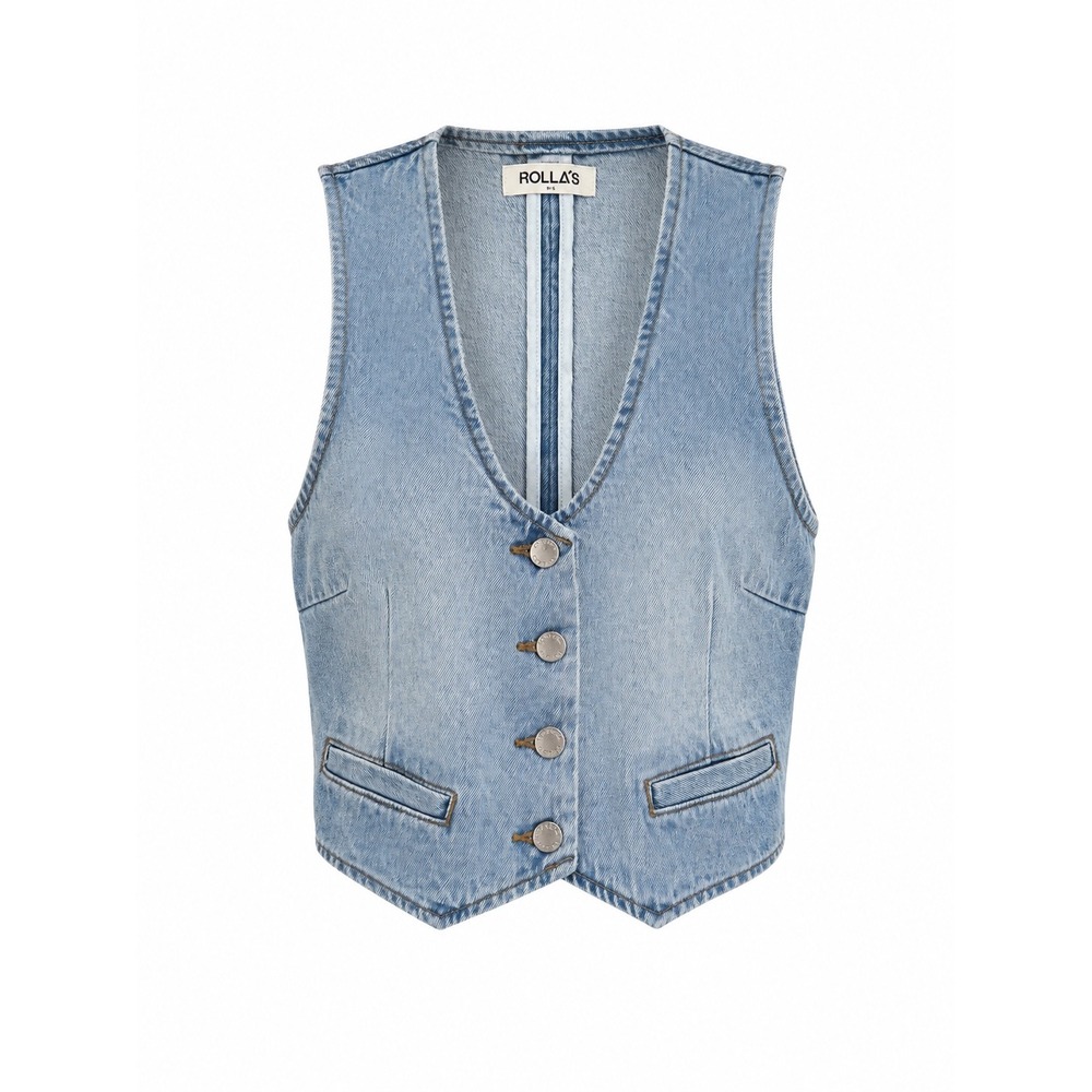 Rolla's Dallas Vest Old Stone Light Wash Blue Denim Cropped Button Front S
